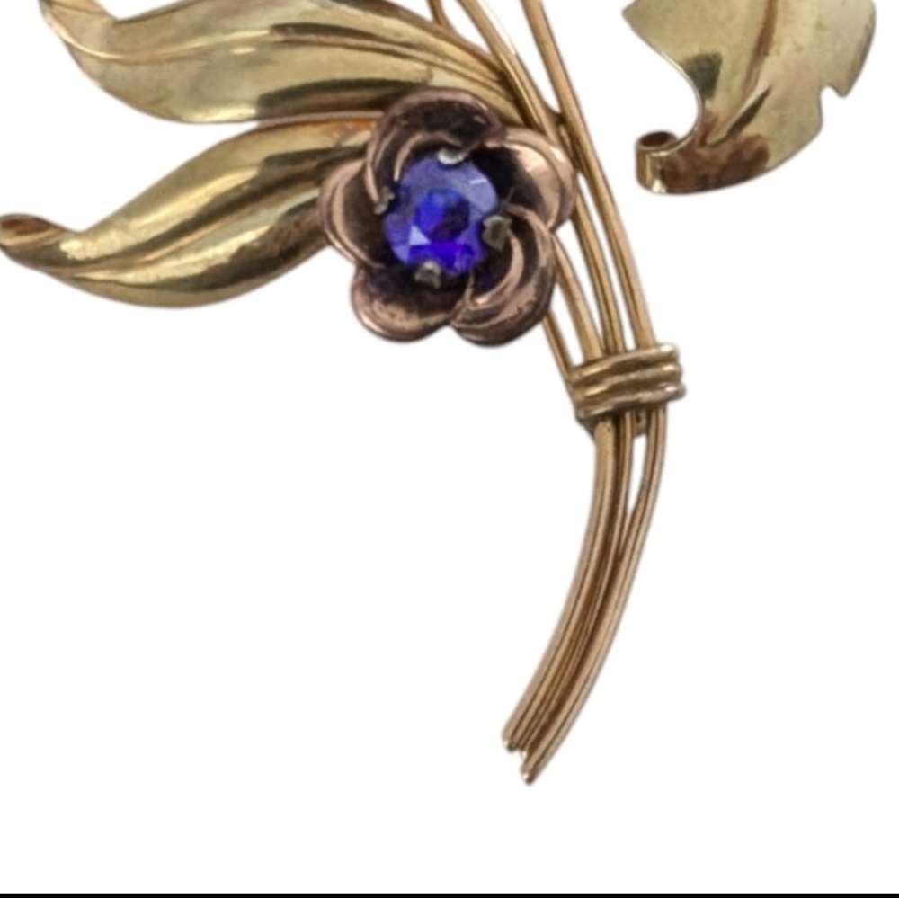 HARRY ISKIN Vintage Sapphire Brooch 1940 12K Gold Filled Floral Bouquet Pin - Picture 3 of 8